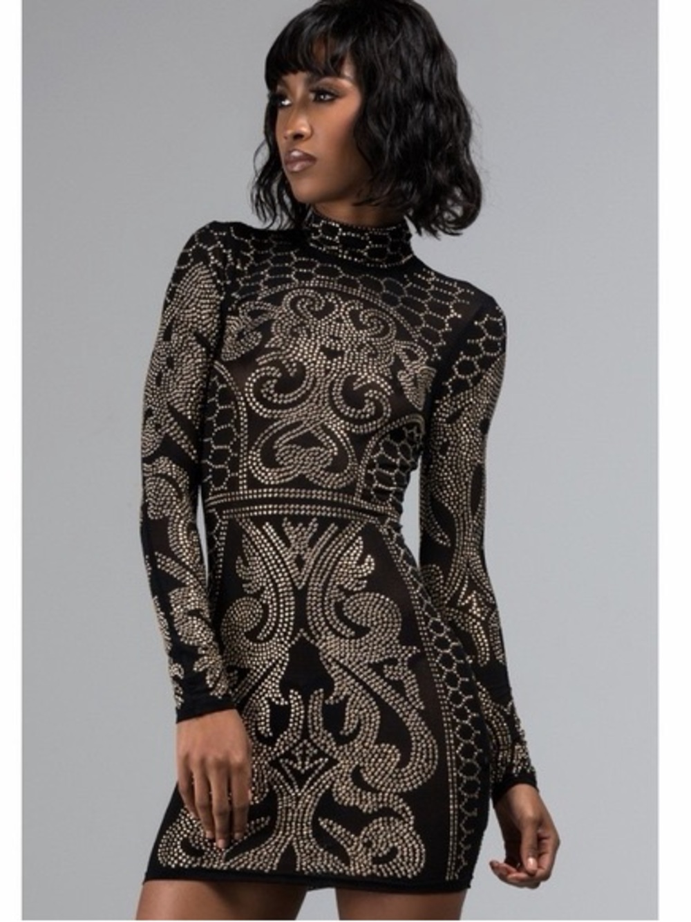 AKIRA | Black & Gold Rhinestone Studs Long-Sleeve Bodycon Mesh Dress | NWT | M